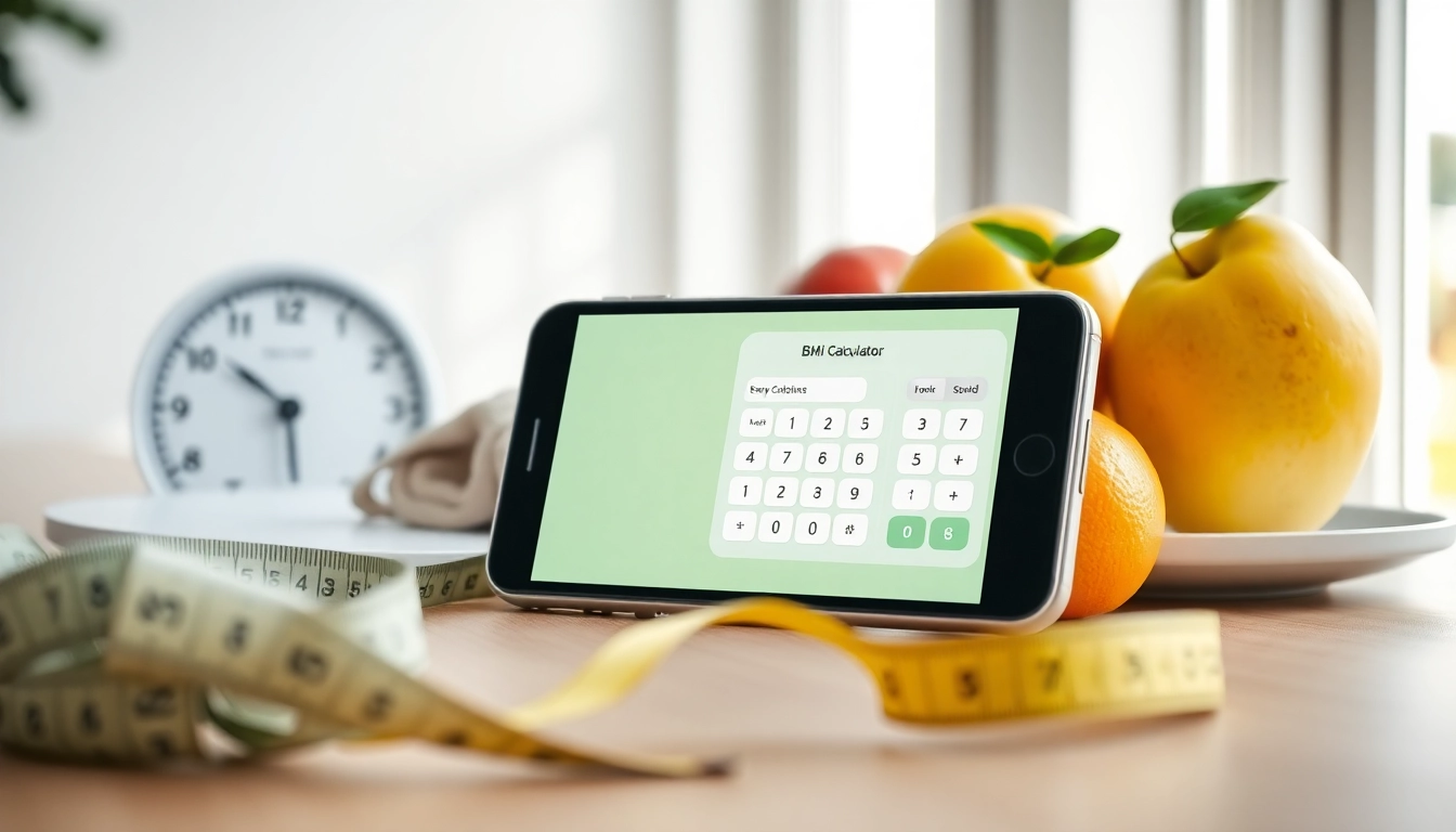 Interactive bmi calculator on a smartphone with health tools and fresh fruits.