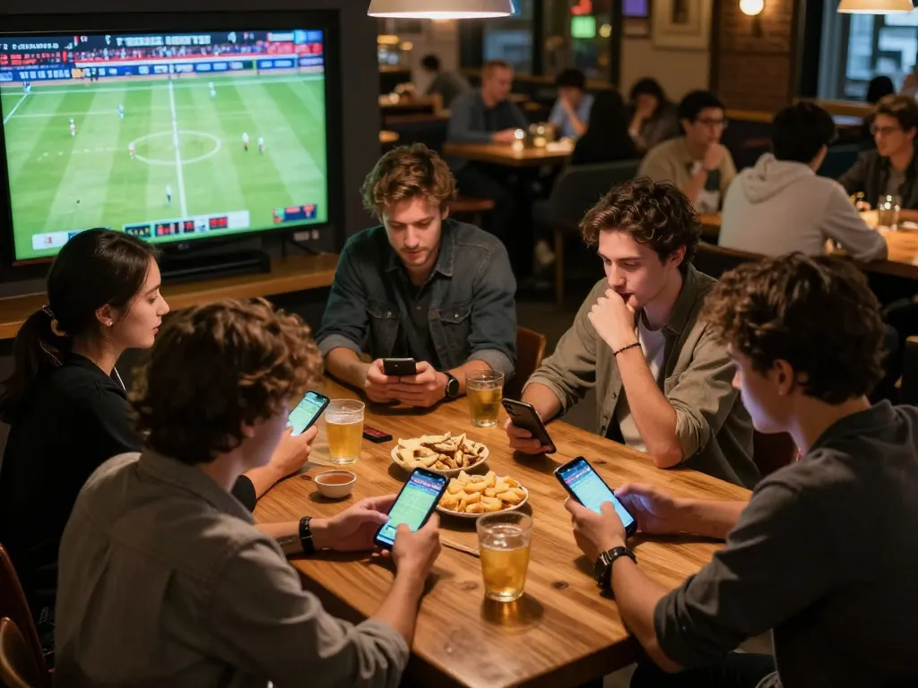 Friends at G28 trang chủ placing sports bets on their smartphones while enjoying a live football match.