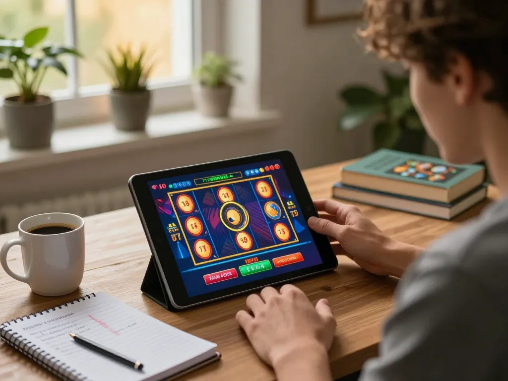 Engaging in online gambling with link slot gacor displayed on tablet screen, cozy home setup.