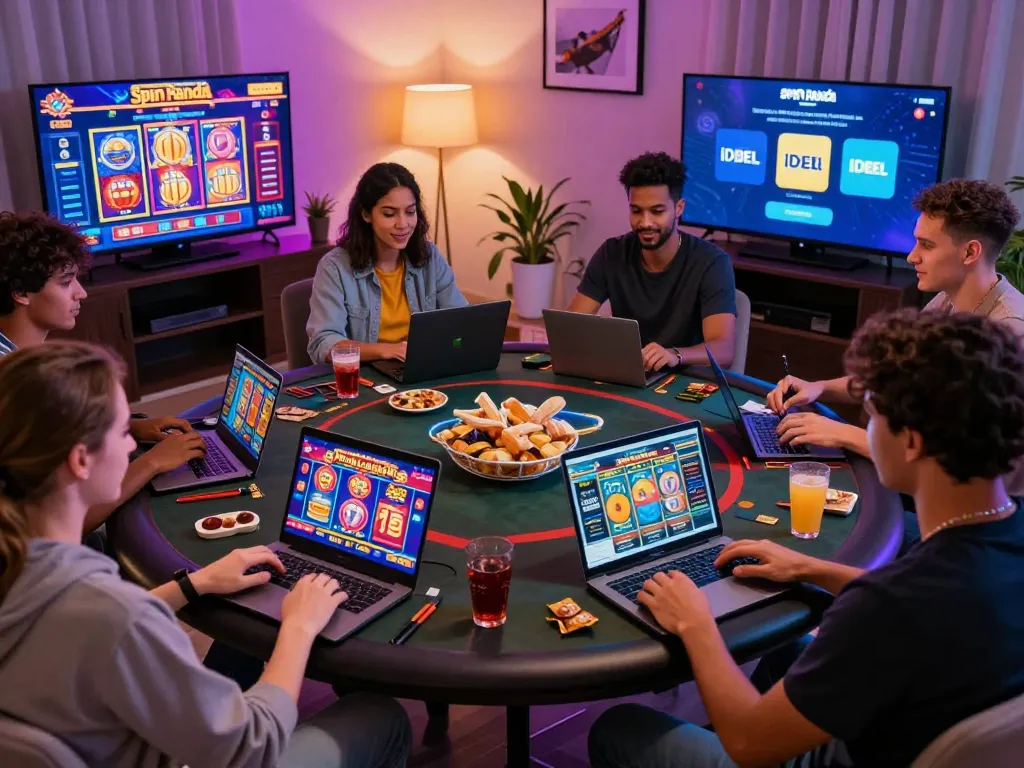 Players enjoying Spin Panda Casino online with vibrant games and digital payment methods in a cozy setting.