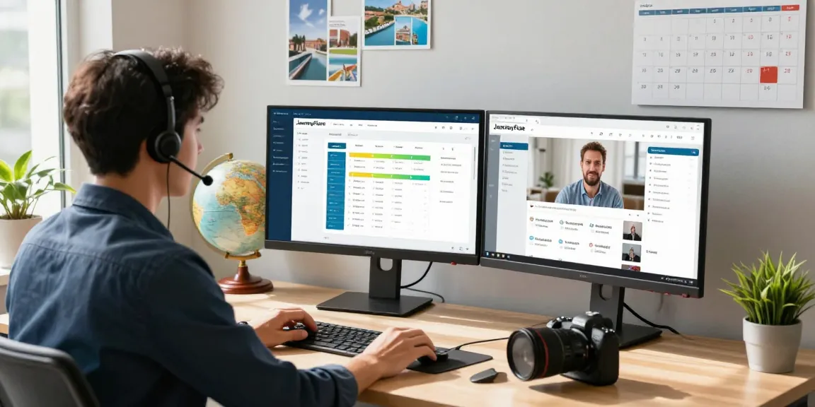 Professional travel advisor using travel agent software on dual monitors in a bright office.