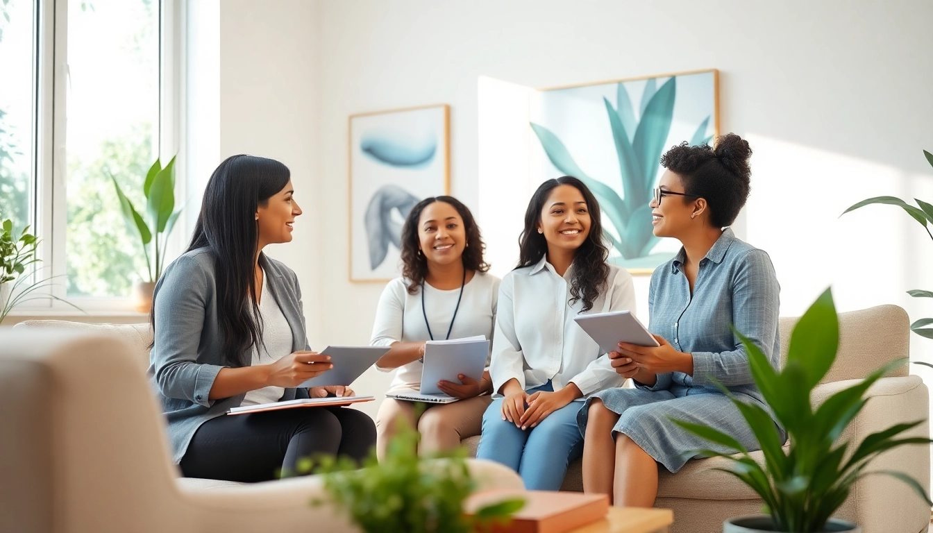 Mental health awareness discussion among professionals in a welcoming office space.