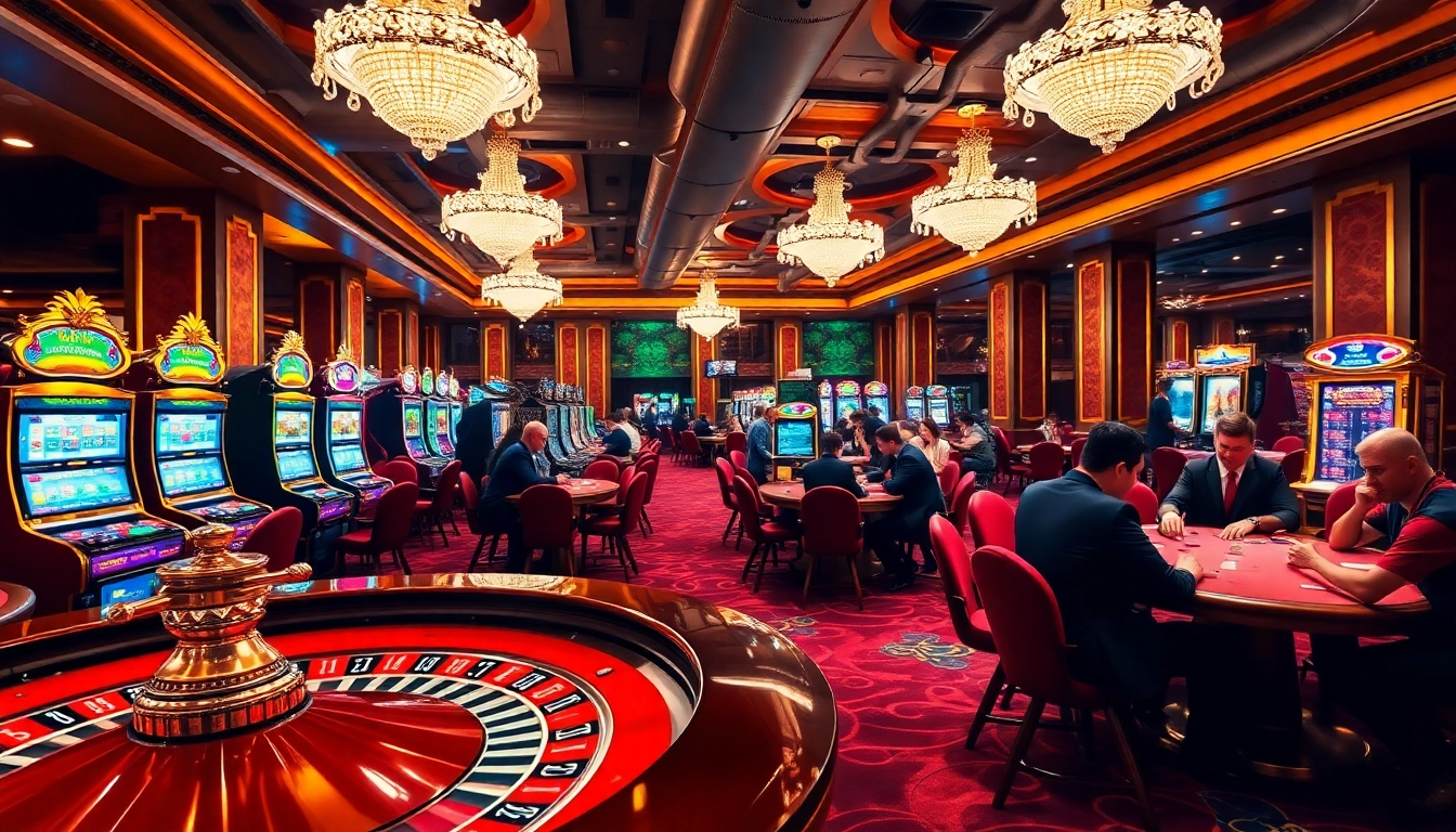 A vibrant gambling scene at 28bet featuring roulette, blackjack tables, and excited players.