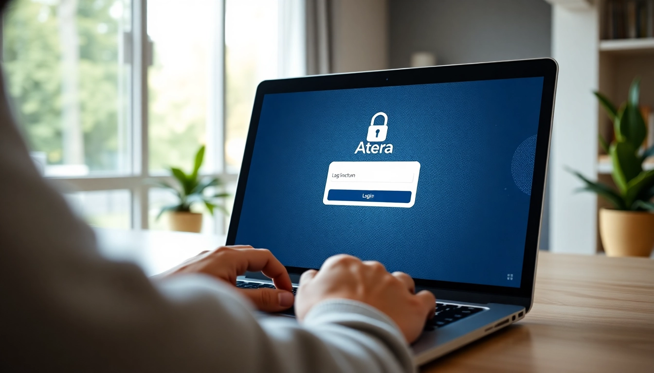 Atera login screen displayed on a laptop, illustrating secure access and cybersecurity.