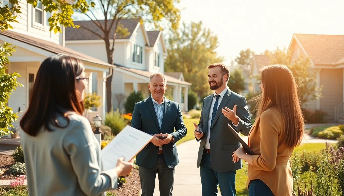Explore houses for sale with a professional real estate agent in a sunny neighborhood.