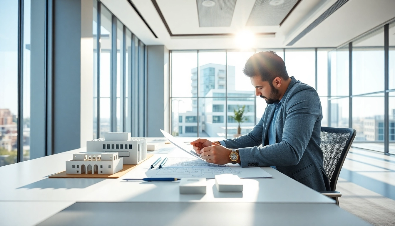 Showcase architectural services with an architect designing modern buildings in a bright office space.