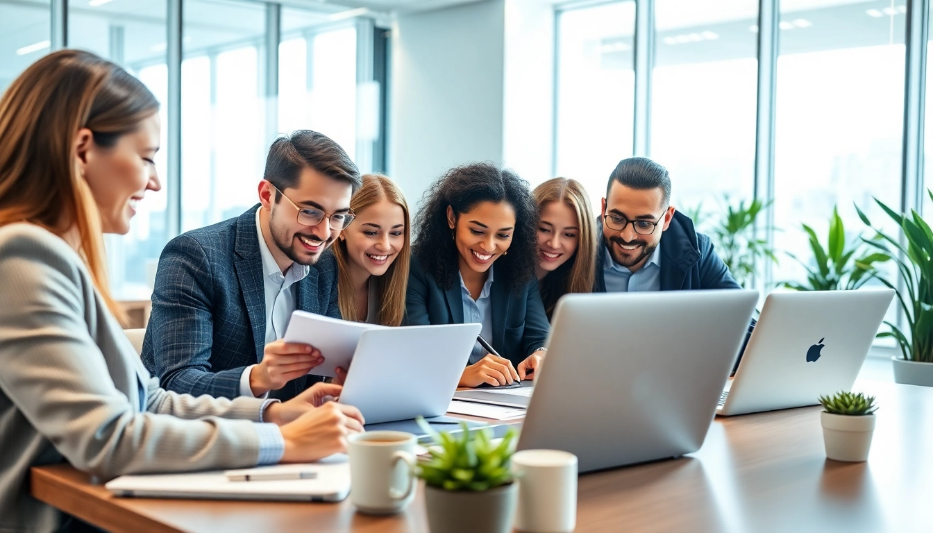 Engaging collaboration in a modern business setting, showcasing teamwork and technology.