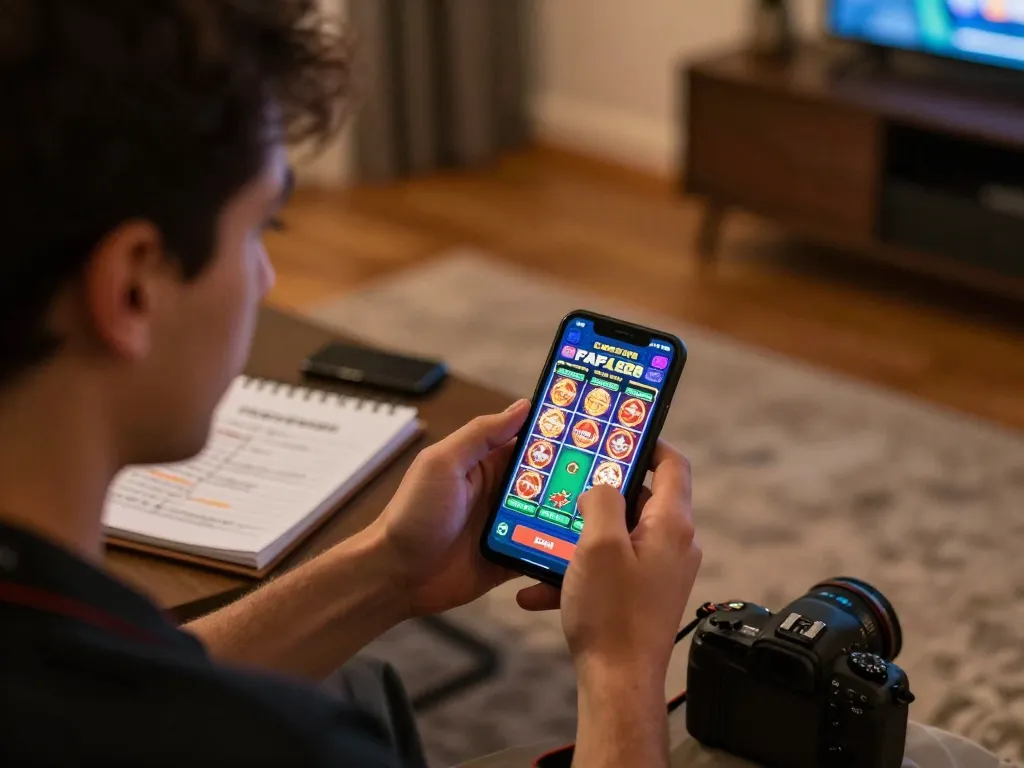 Player engaging with FAFA828 demo slots on mobile in a cozy living room