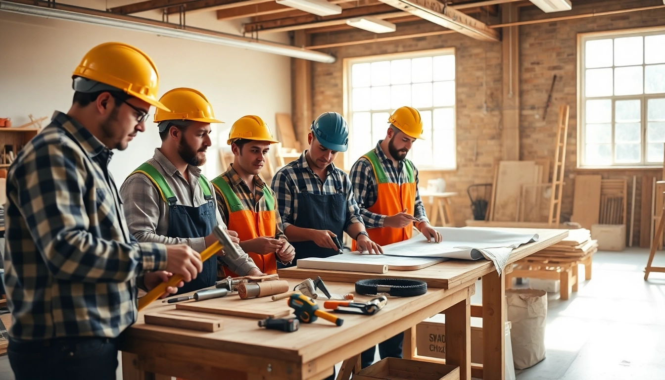 Craftsmen engaged in construction craft training workshop, showcasing teamwork and skill development.