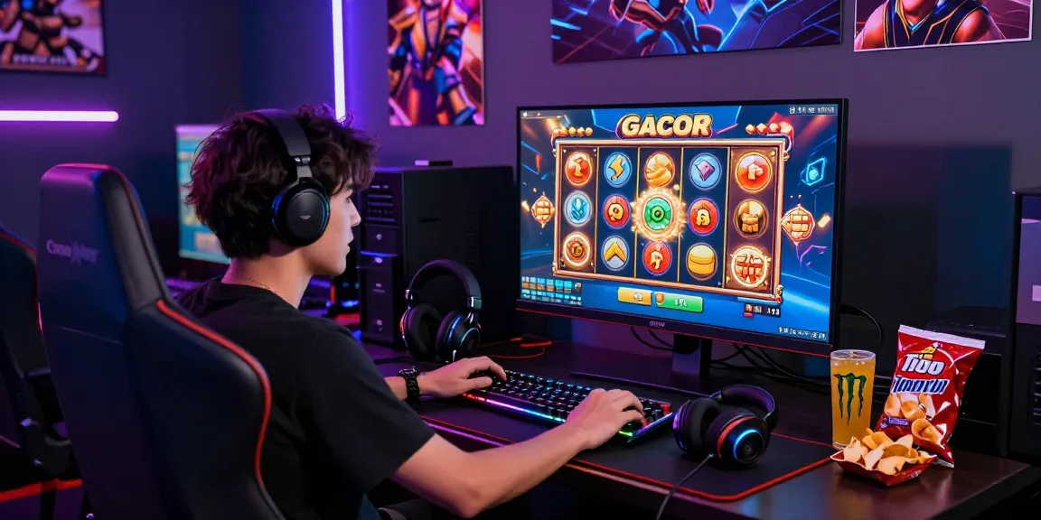 Engaged player experiencing slot gacor excitement in a modern gaming setup, highlighting colorful graphics and immersive atmosphere.