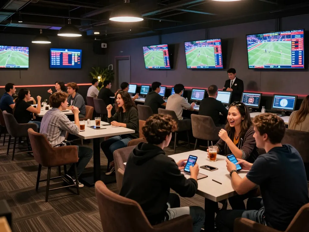 C168 players placing bets in a lively sports betting lounge, showcasing the excitement of online gambling.