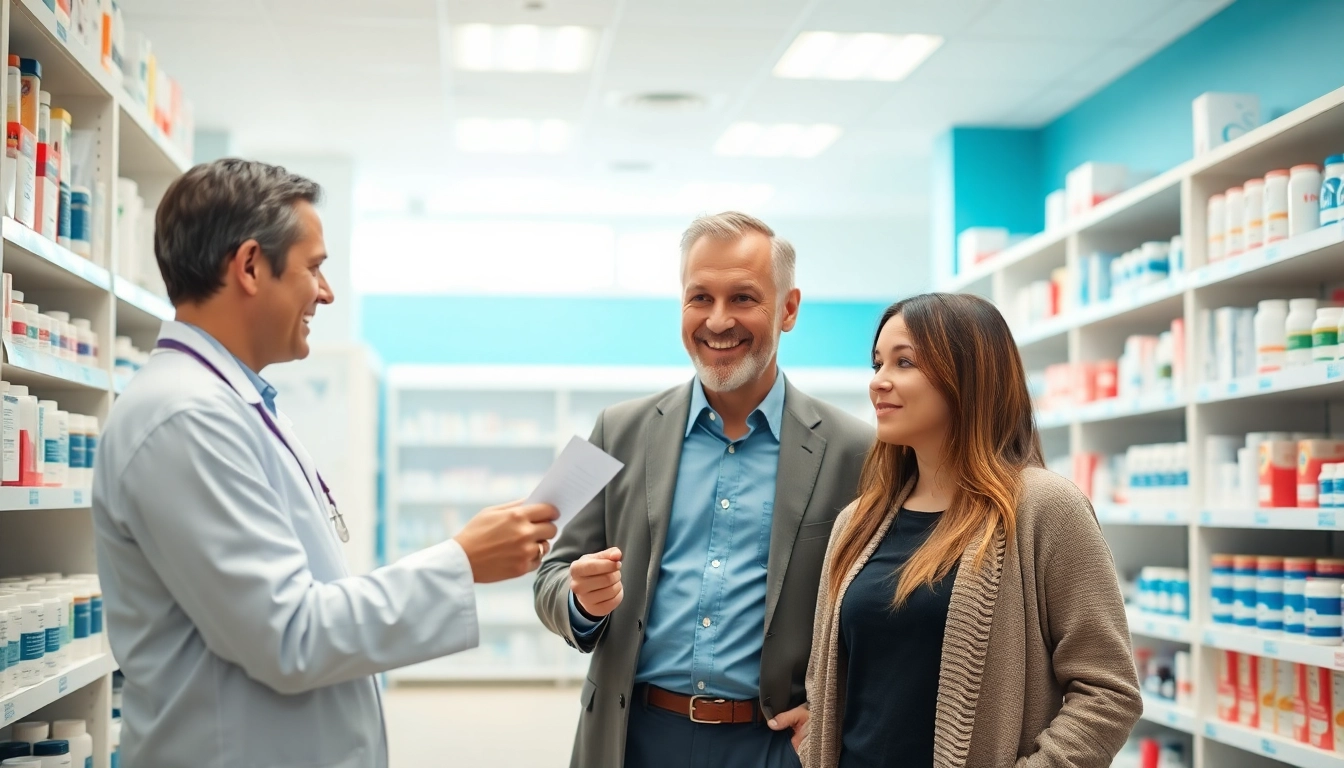 Browse online pharmacy services with a knowledgeable pharmacist assisting a customer.