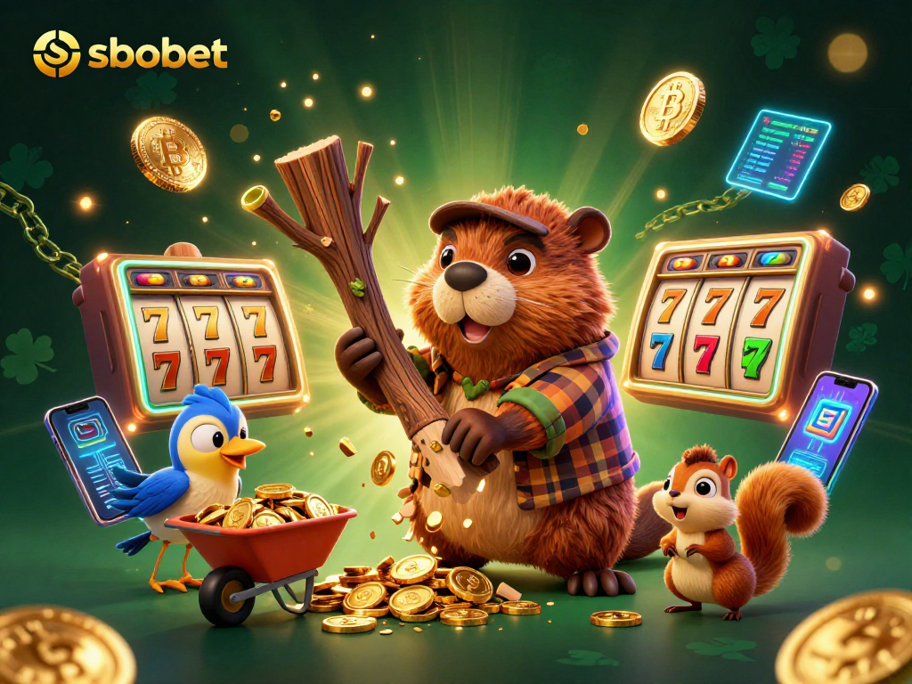 Collect golden coins and play slots with sbobet featuring 3D cartoon characters in a vibrant casino scene.