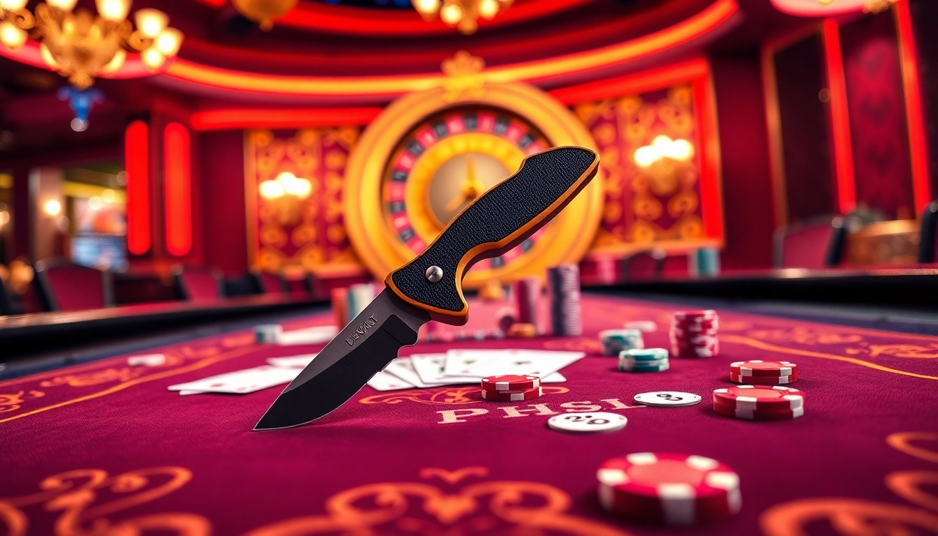 The DeWalt knife displayed on a poker table among cards, symbolizing precision in gambling.