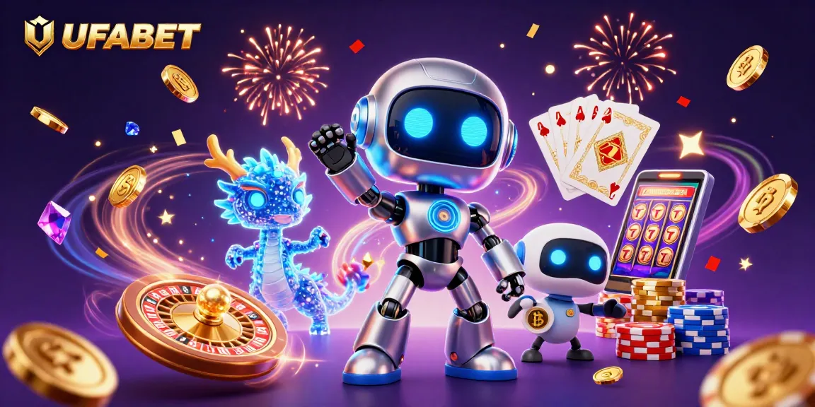 Experience thrilling gameplay with UFABET in a vibrant 3D illustration featuring a cyberpunk robot and gaming elements.