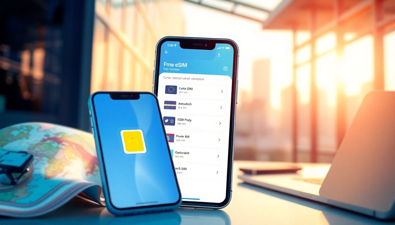 Use https://esimfo.com on a smartphone displaying eSIM options against a vibrant city background.