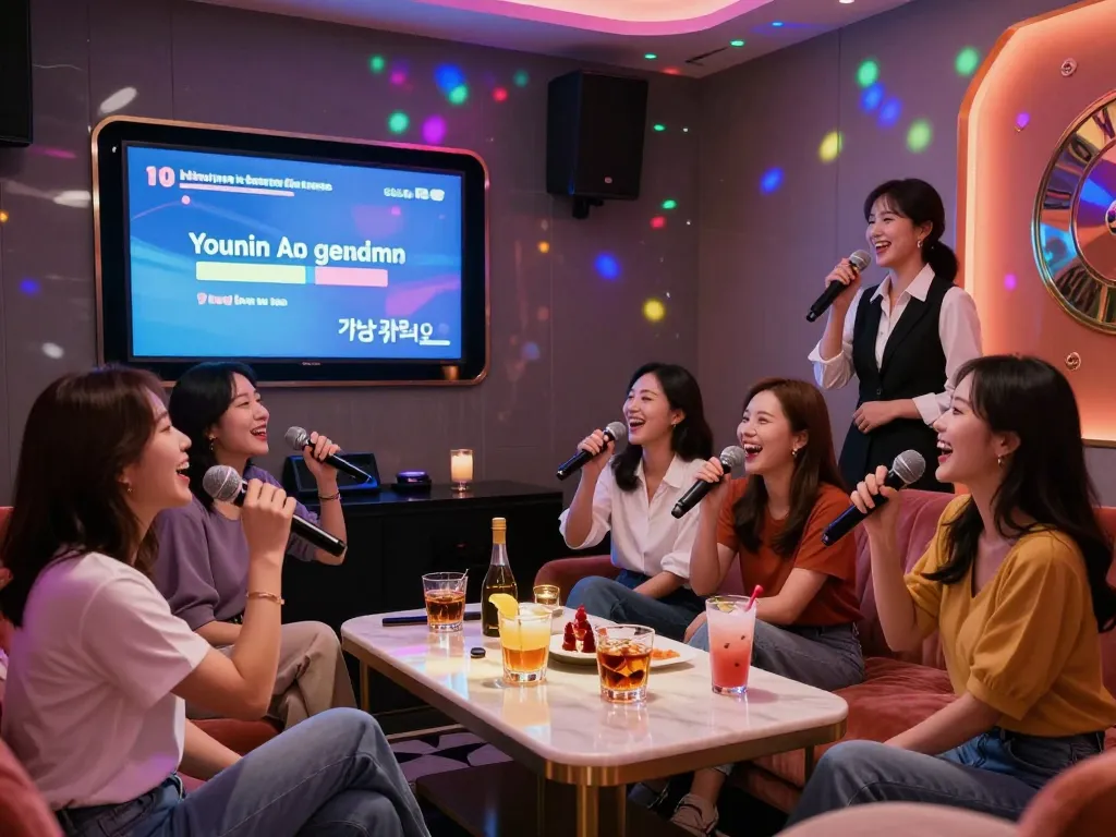 프리미엄 장식과 조명이 있는 개인실에서 노래를 부르며 축하하는 강남가라오케의 활기찬 분위기를 즐기는 그룹.