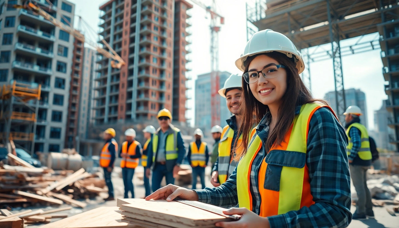 Skilled workers pursuing careers in construction, collaborating on a project in an urban environment.