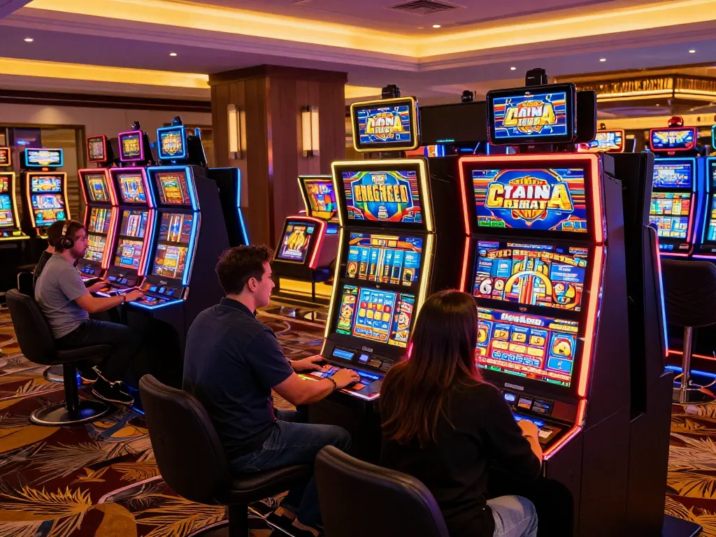 Players enjoy the vibrant slot room at Link Gaco with exciting digital displays and colorful machines.