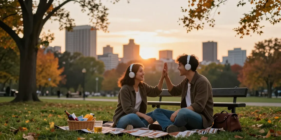 A couple sharing music in a park, illustrating the joy of having a crush on someone.