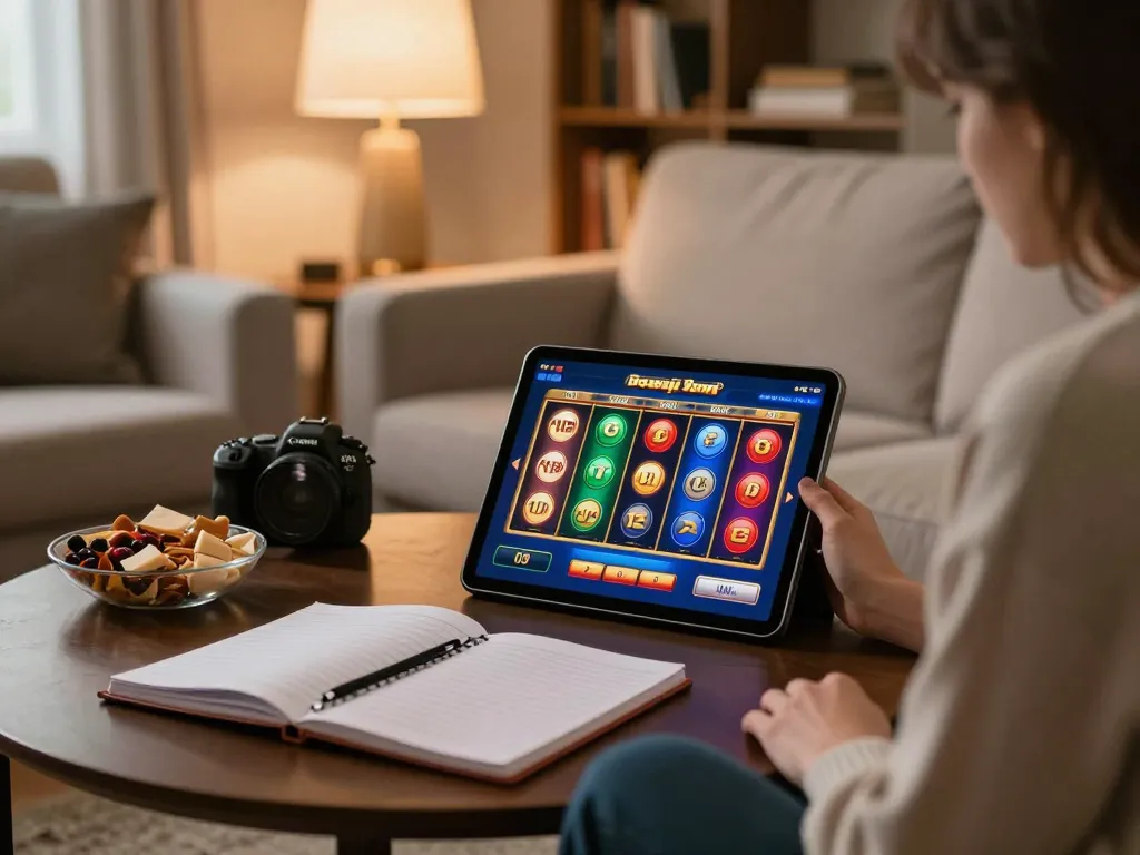 Engaging online gaming scene at https://www.mnm88.com/ showcasing a player focused on a tablet with vibrant slot game