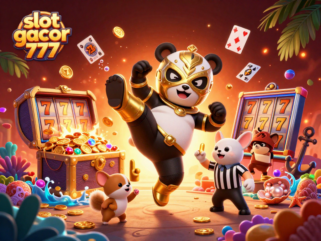 Experience thrilling action with slot gacor 777 as a panda wrestler kicks in a colorful casino crowd.