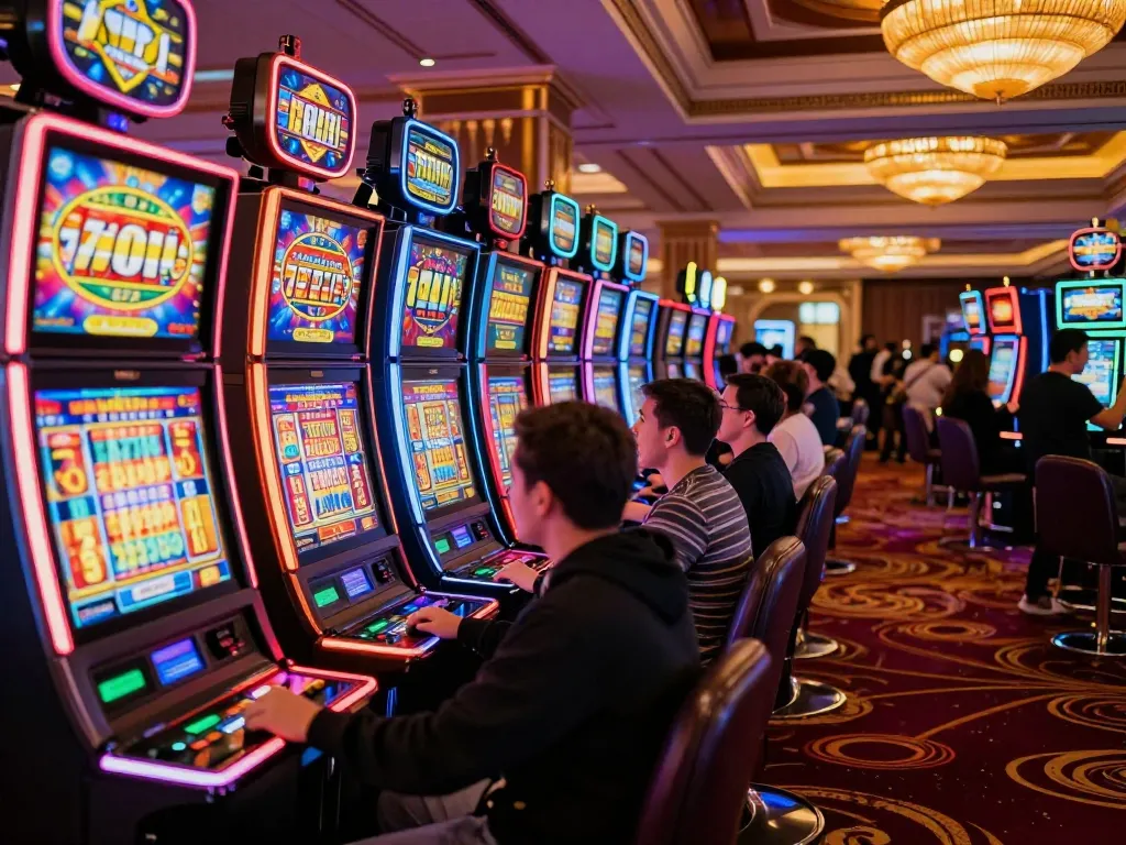 Players engaging with vibrant slot 777 machines in a luxurious casino atmosphere