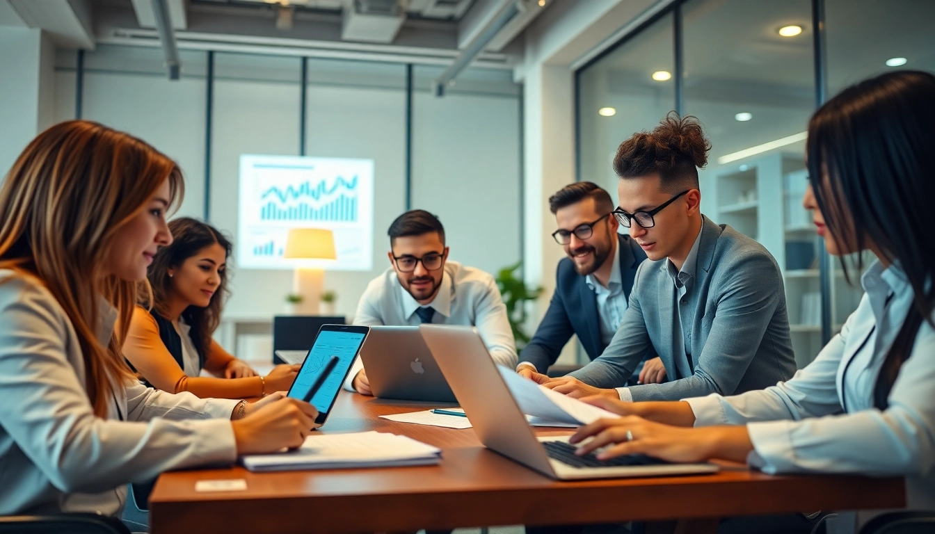Accounting and Bookkeeping Services professionals collaborating in a modern office setting with financial documents and laptops.