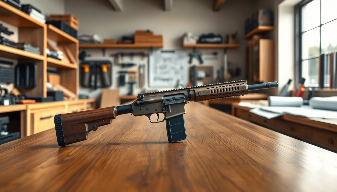AR 10 trigger detailed in a workshop setting amidst tools and blueprints.
