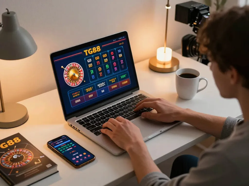 Player enjoying TG88 casino gaming on laptop, showcasing roulette wheel and strategic play elements.