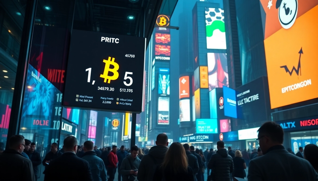 Engaged traders monitoring the bitcoin price in a vibrant cryptocurrency market setting.