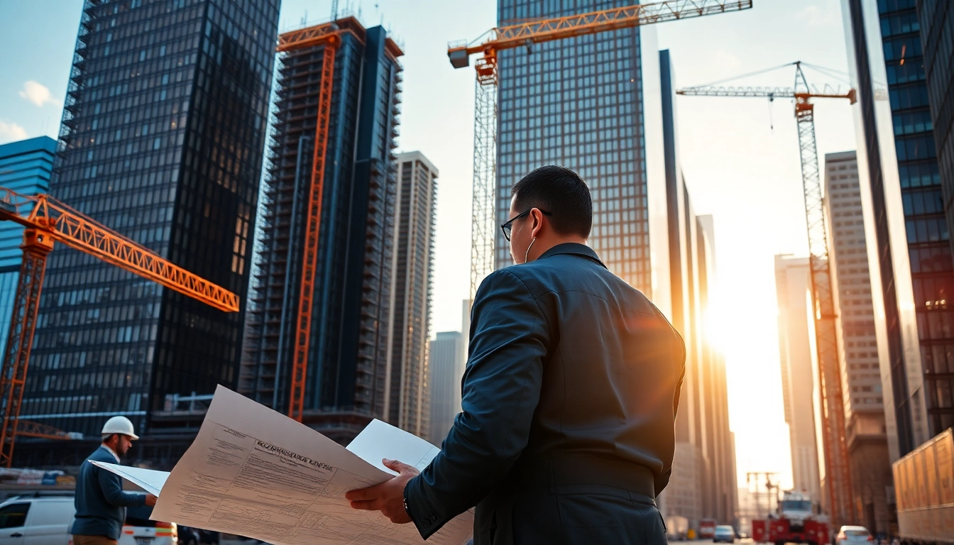 New York City construction manager directing a team on an active urban construction site.