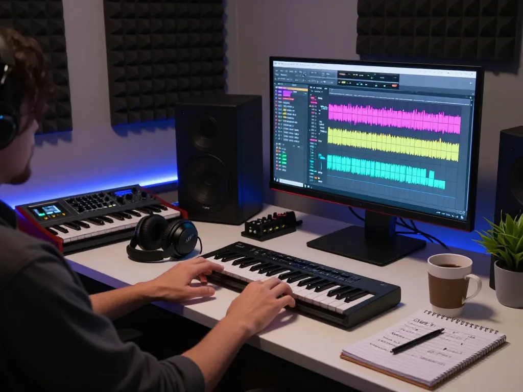 Composer using SC88 sound module in a modern music studio with vibrant lighting and instruments.