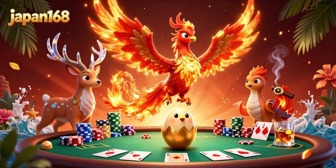 Engage with thrilling poker action at japan168 featuring a vibrant phoenix and mystical stag.