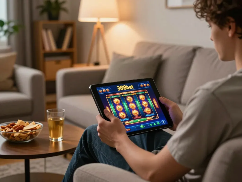 Person engaging with 388bet on a tablet in a cozy living room, emphasizing online gambling strategy.