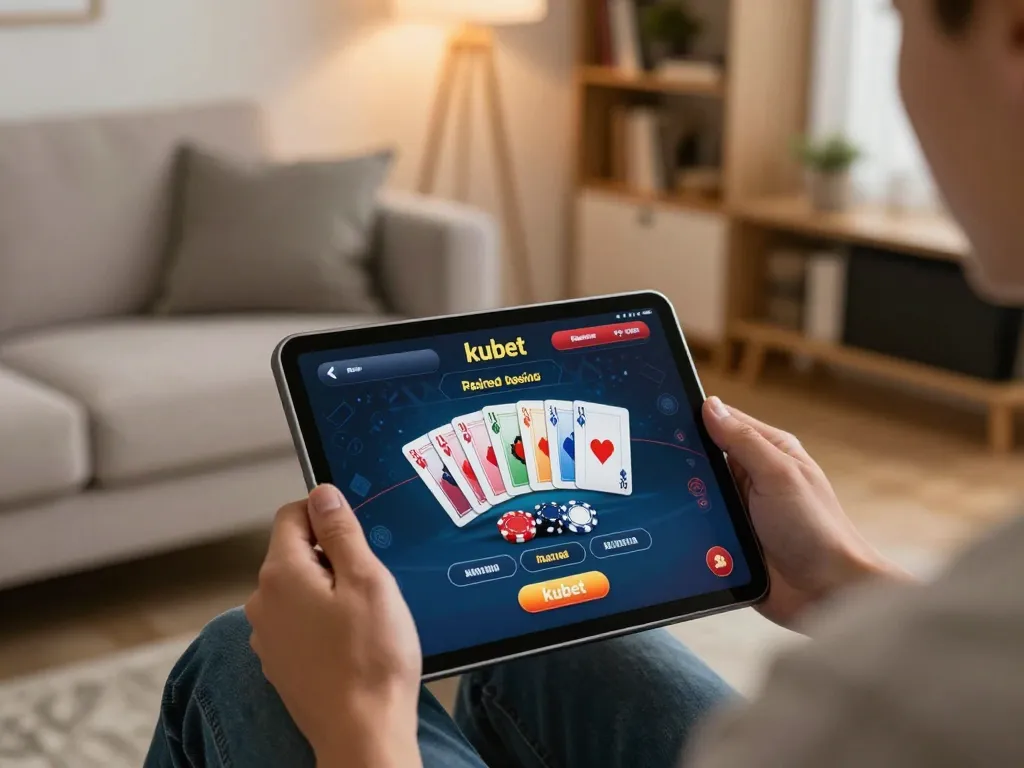 Kubet user engaging in online poker game on tablet with vibrant interface.