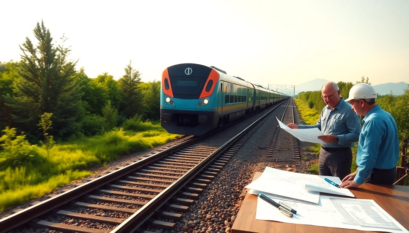Railroad Engineering team analyzing plans while a modern train runs on sustainable tracks.