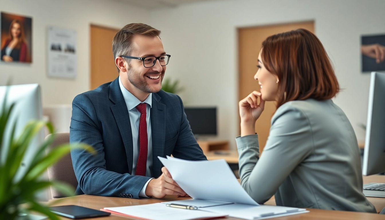 Engaging scene of debt collection UK in a professional office setting showcasing friendly interaction.