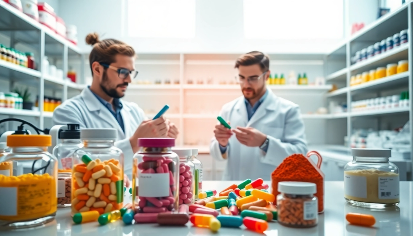 Visual representation of supplement manufacturers analyzing vibrant capsules in a modern lab environment.