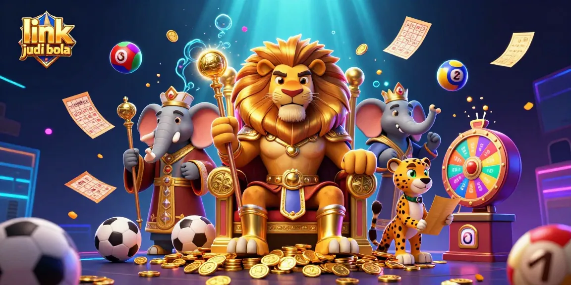 Link judi bola showcases a fierce lion king, sports betting elements, and vibrant colors in a dynamic casino scene.