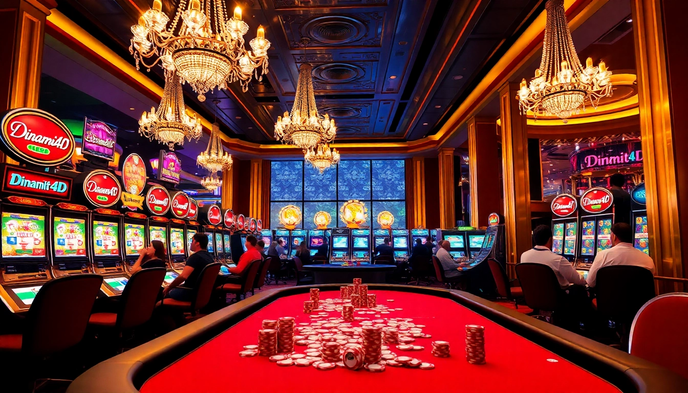 Players enjoying slot machines at Dinamit4D in a luxurious casino setting.