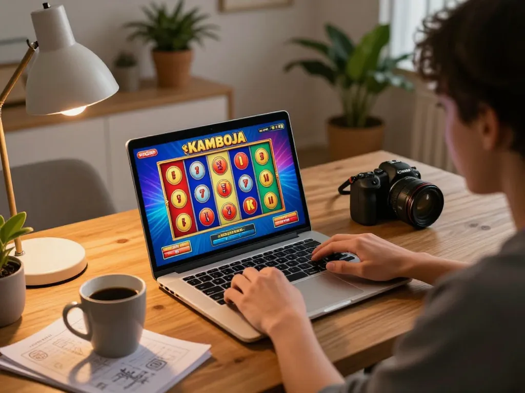 Engaging in slot kamboja gameplay on a laptop in a cozy home setup with warm lighting.