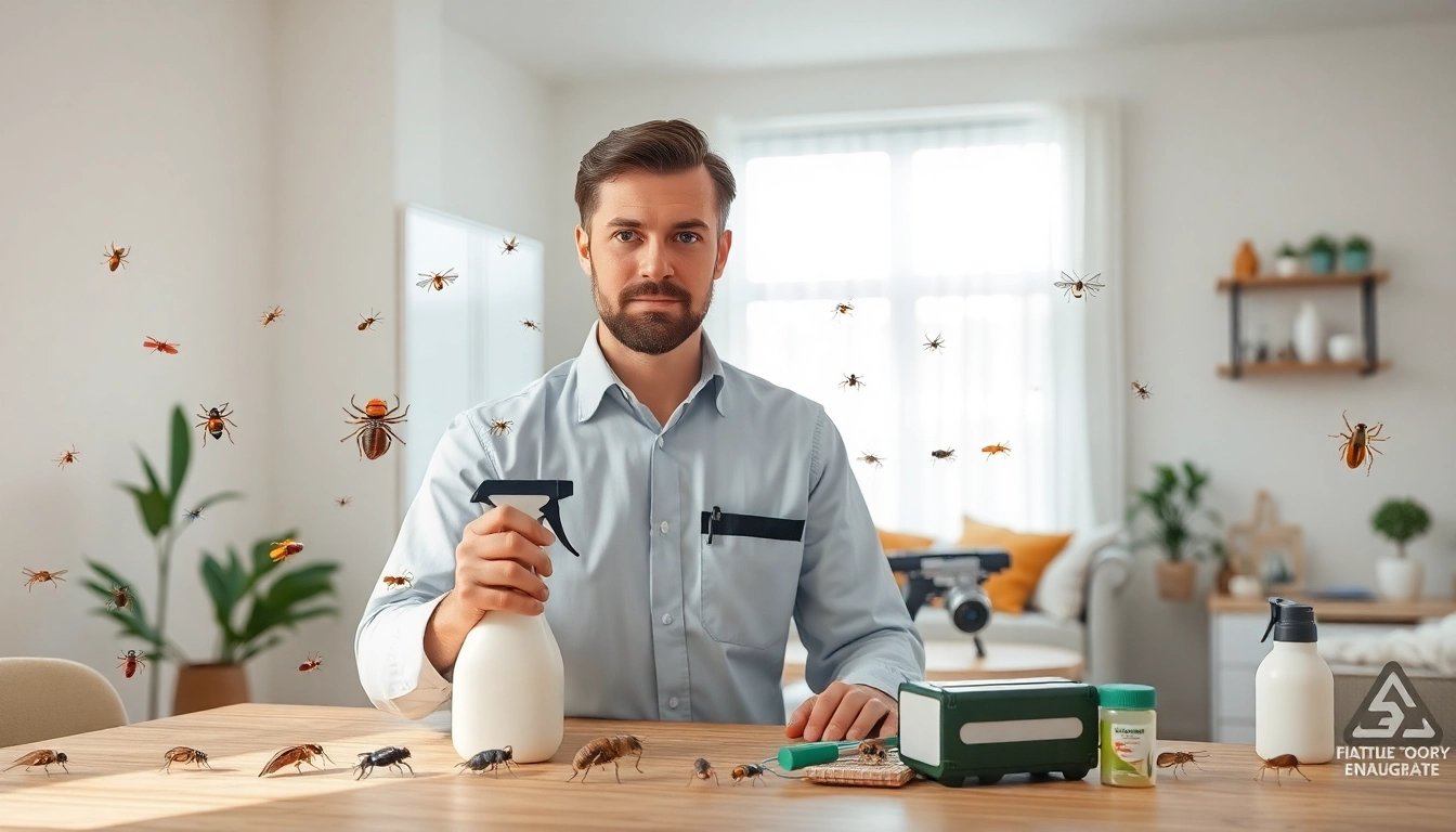 Request bug treatment quote from a professional pest control technician in action.