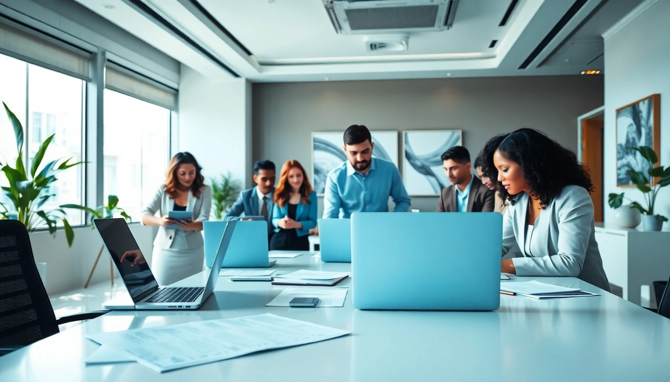 Real Estate agents collaborating in a modern office with a dynamic atmosphere.