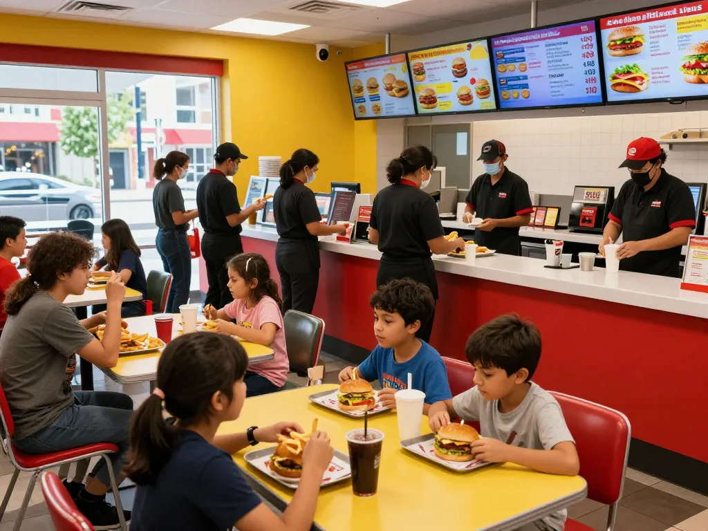 Busy fast food restaurant scene highlighting diverse fast food prices and menu items