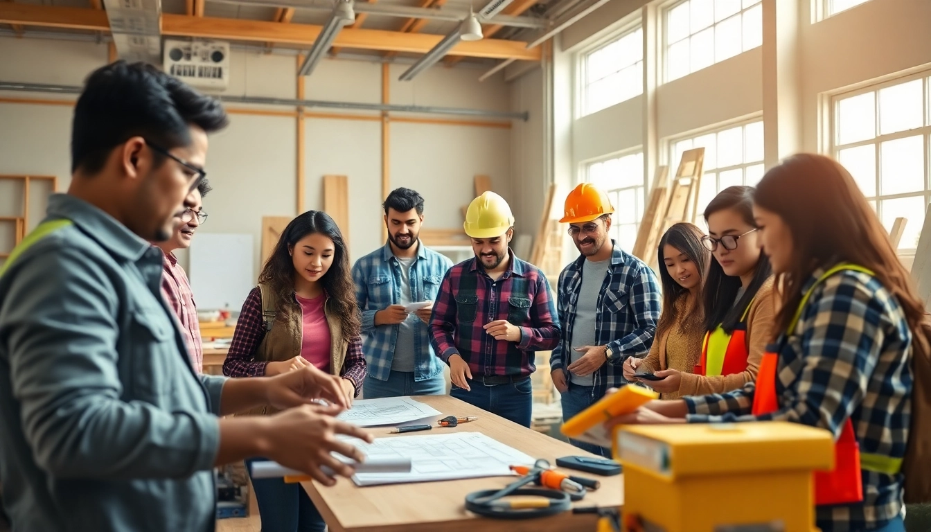 A group engaged in construction education at a training facility, learning hands-on skills.
