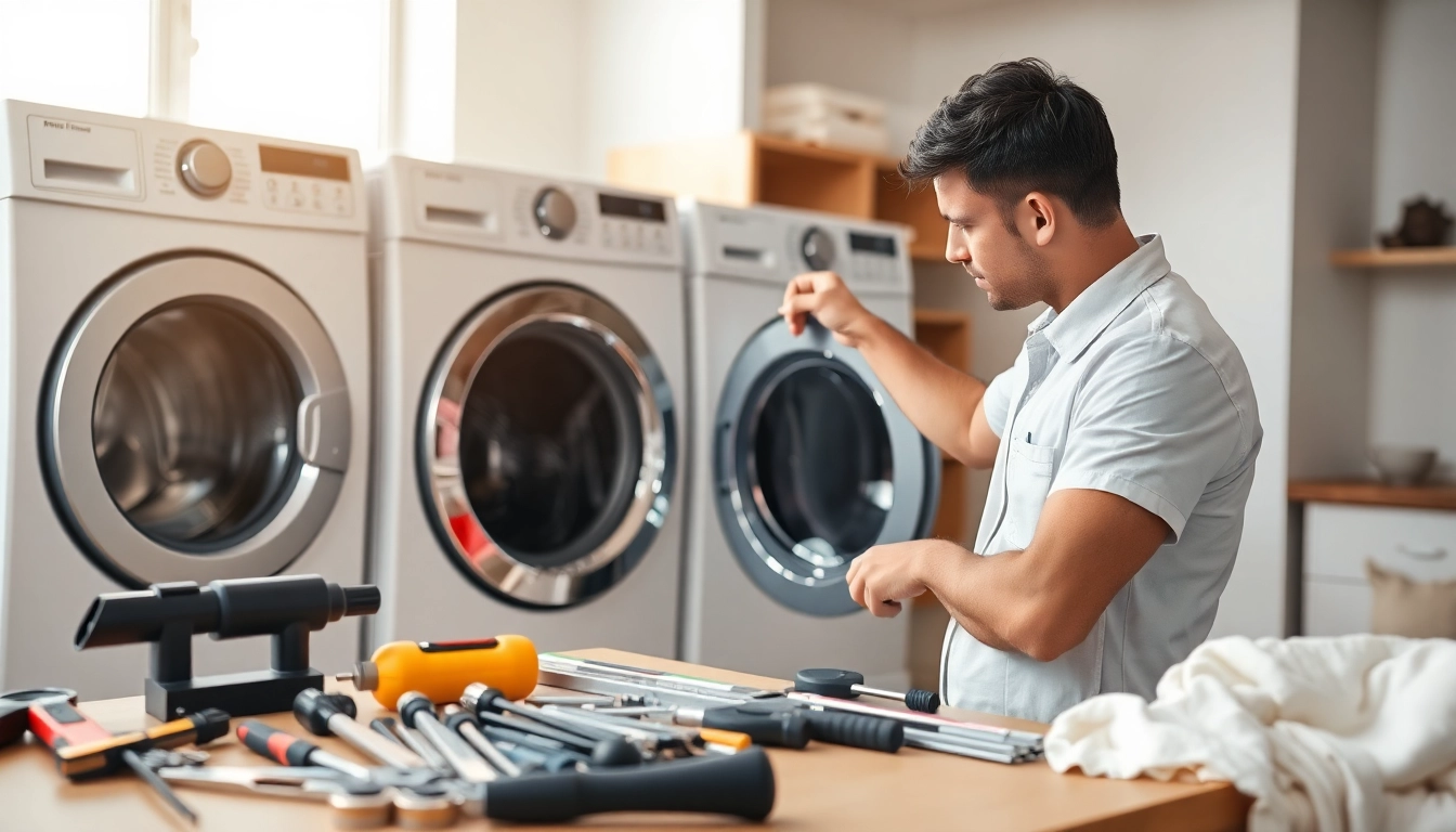 Technician performing washer dryer repair near me in a bright, organized laundry room.