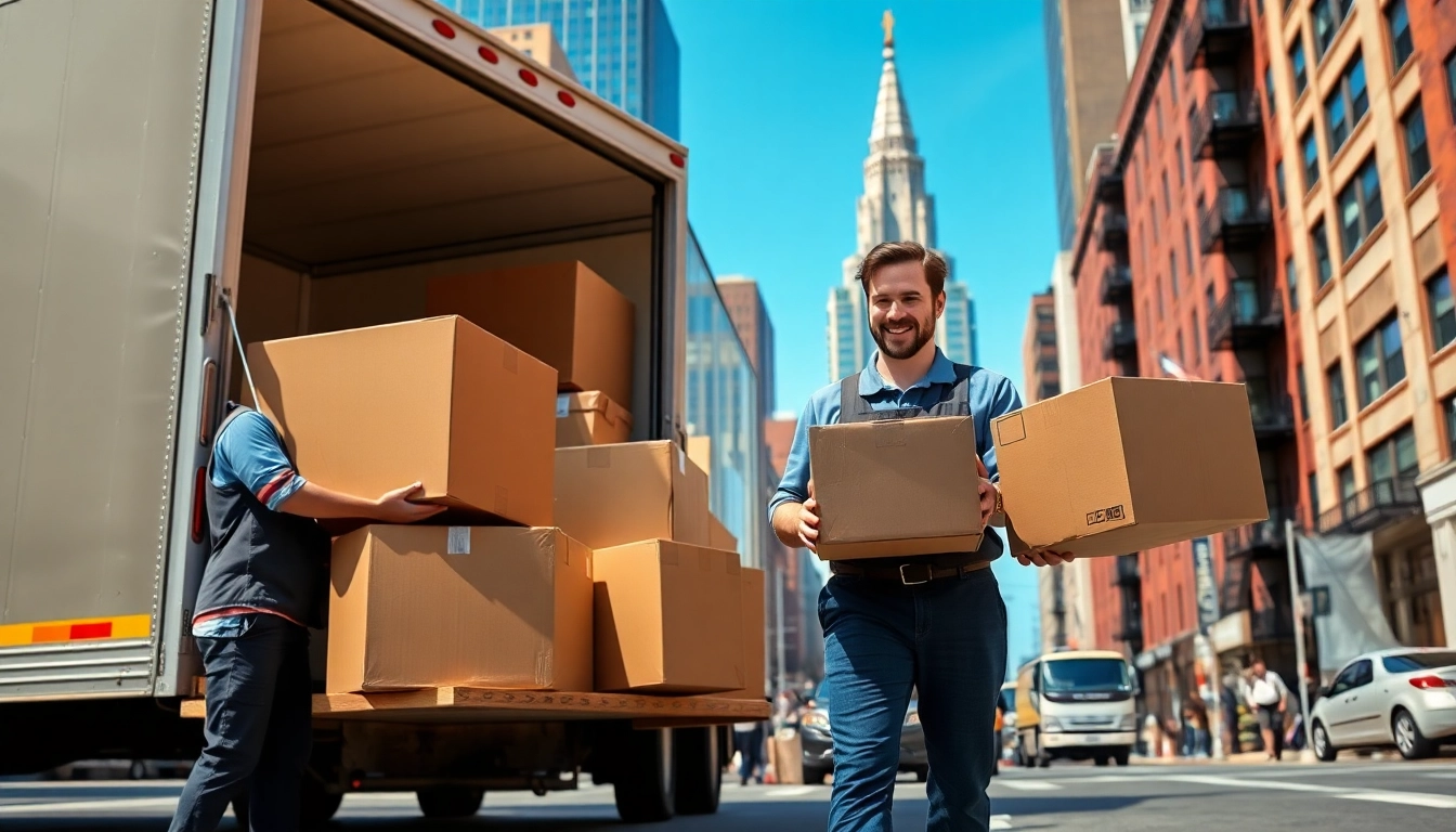 Boston moving company professionals working together with iconic Boston skyline in the background.