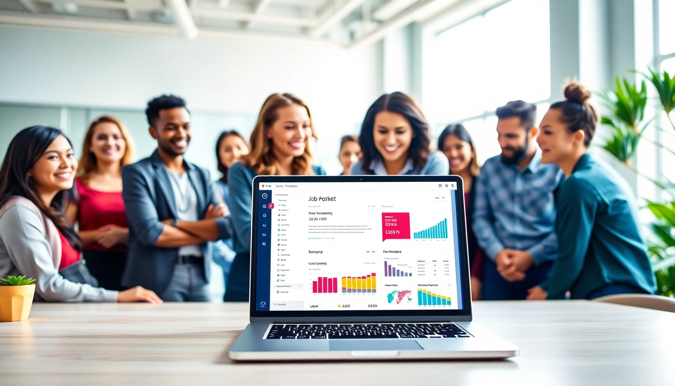Engage in a free job post process with a professional team collaborating around a laptop.