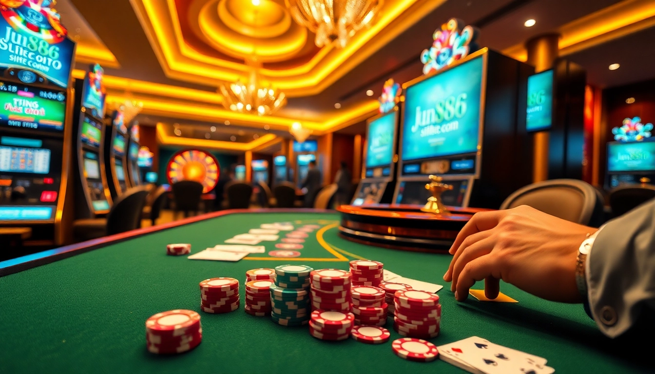 Experience the excitement of casino gaming at jun88site.com with vibrant poker chips and engaging slot machines.